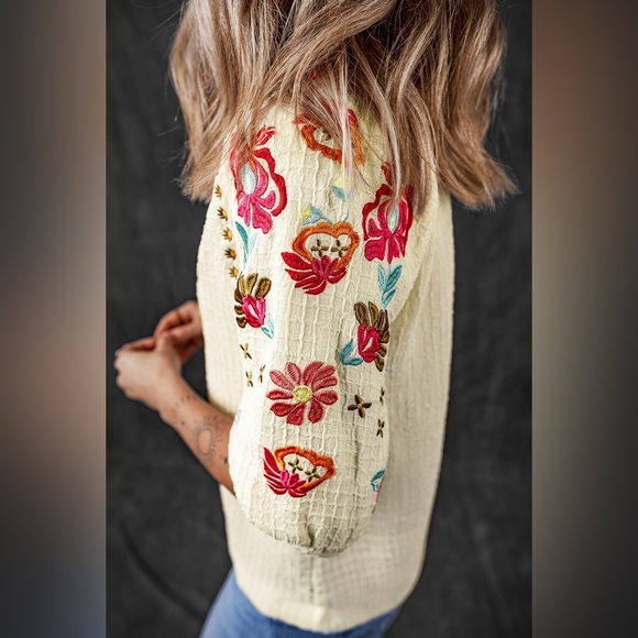 Beige Floral Embroidered Ricrac Puff Sleeve
Textured Blouse Bohemian Top - Picture 6 of 15